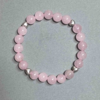Pink Quartz Bracelet with Smooth Beads, 8 mm Diameter, with Metal Inserts, 18 mm Length, Stretch