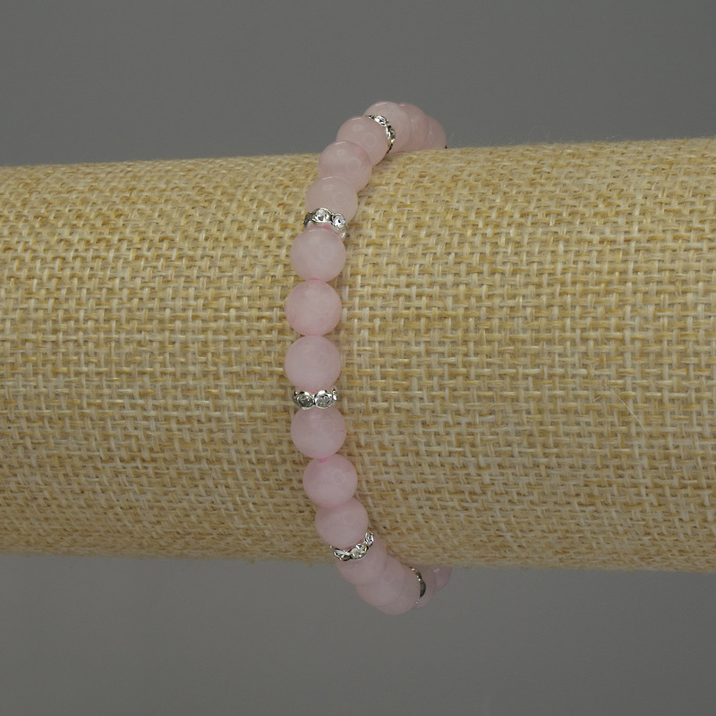 Bracelet Pink Quartz Smooth Bead, 6 mm diameter ±, with metal inlays, 18 mm length ±, stretch base