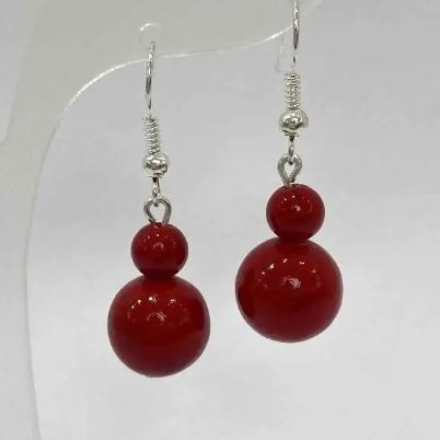 Coral Earrings (Imitation) Smooth Ball, diameter 6–12 mm, length 37 mm