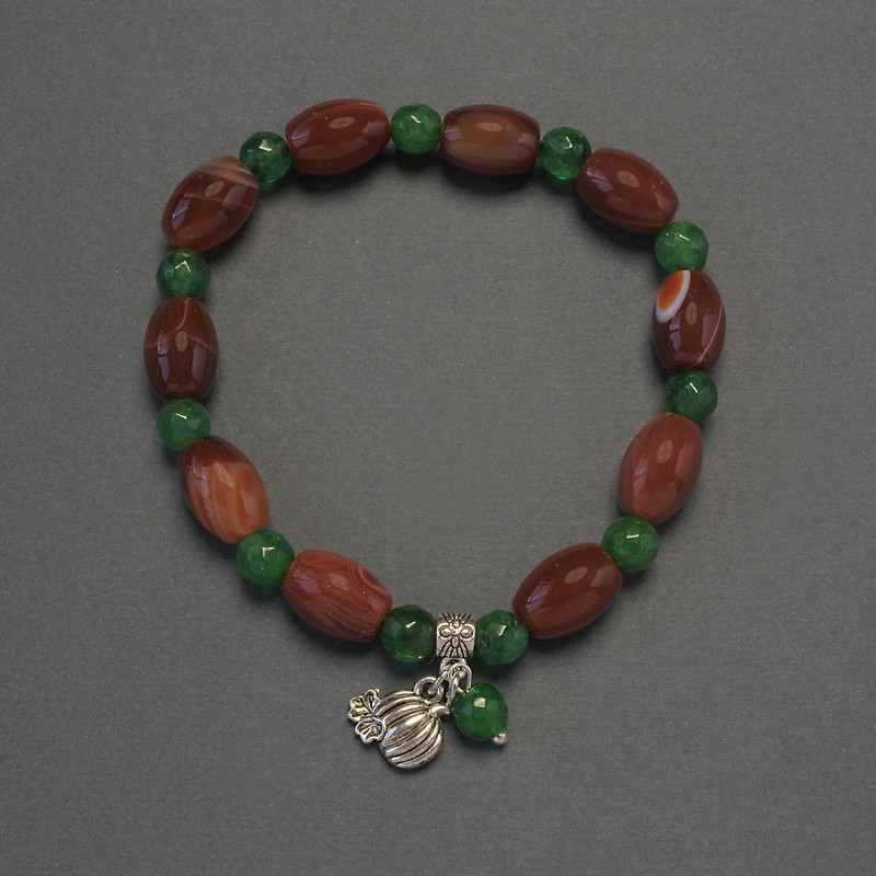 Bracelet with Agate Barrel Beads, 12x8 mm ±; Chrysoprase Faceted Beads, 6 mm ±; 18 cm Elastic
