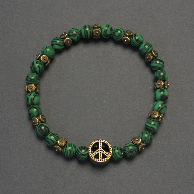 Malachite Bracelet with Smooth Beads, 6 mm Diameter +/-, with Butterfly Inlays, 18 cm Length +/- Stretch