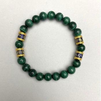 Malachite bead bracelet 8 mm +/- with metal inlays, length 18 cm +/- stretch band