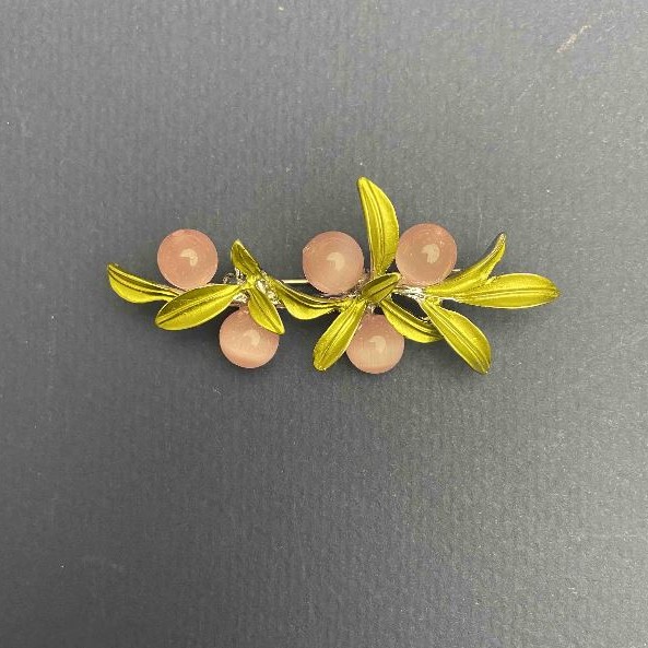 Cat's Eye Brooch 60x27 mm – pink enamel, green metal, silver-tone