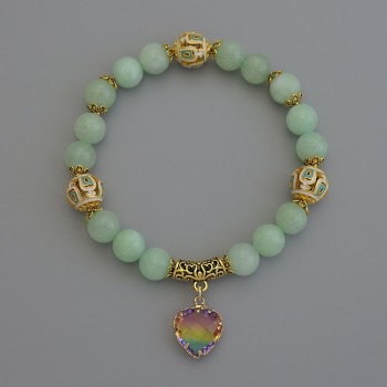 Amazonite Bracelet with Smooth Beads, Diameter 8 mm ± Cloisonné 10 mm ± with Metal Inlays, Length 18 mm ± Stretch