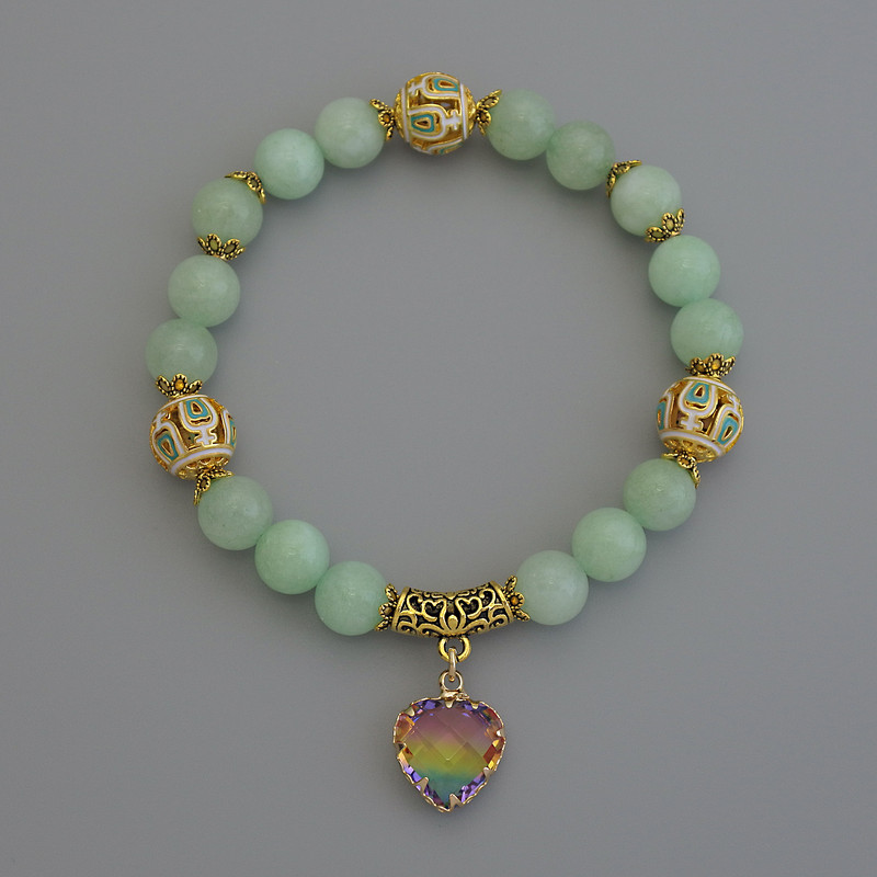 Amazonite Bracelet with Smooth Beads, Diameter 8 mm ± Cloisonné 10 mm ± with Metal Inlays, Length 18 mm ± Stretch