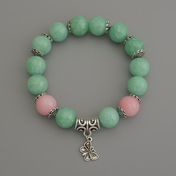 Bracelet with Jadeite Smooth Beads, 12 mm diameter ±; Pink Quartz Smooth Beads, 12 mm diameter ±; with Metal Inlays, Length 18 mm ±; Elastic