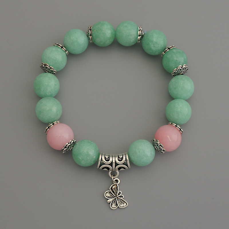 Bracelet with Jadeite Smooth Beads, 12 mm diameter ±; Pink Quartz Smooth Beads, 12 mm diameter ±; with Metal Inlays, Length 18 mm ±; Elastic