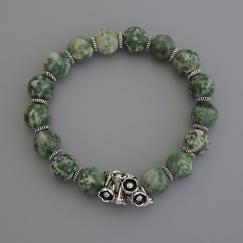Bracelet Mossy Agate Bead, 10 mm diameter ±, with metal inlays, length 18 cm stretch