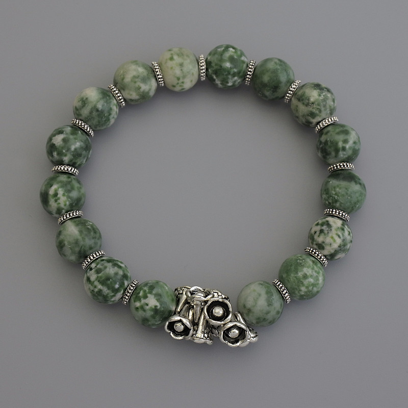 Bracelet Mossy Agate Bead, 10 mm diameter ±, with metal inlays, length 18 cm stretch