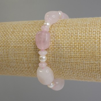 Bracelet Pink Quartz Rondelle, diameter 14×9–12 mm, rondelle 6×3 mm, Pearl (imitation) 6 mm, length 18 cm stretchy