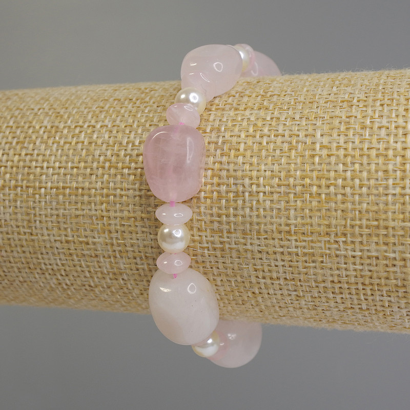 Bracelet Pink Quartz Rondelle, diameter 14×9–12 mm, rondelle 6×3 mm, Pearl (imitation) 6 mm, length 18 cm stretchy