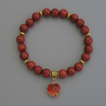 Red Jasper Bracelet with Smooth Beads, 8mm Diameter ±, with Metal Inlays, Length 18mm ± Stretch