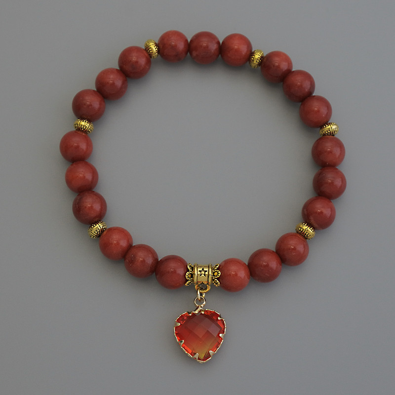 Red Jasper Bracelet with Smooth Beads, 8mm Diameter ±, with Metal Inlays, Length 18mm ± Stretch