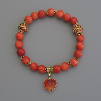 Orange Coral Bracelet (Imitation) Smooth Beads, 8 mm Diameter +/- Cloisonné 10 mm +/- with Metal Inserts, 18 cm Length (Stretch)