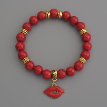Bracelet Coral (imitation) - smooth beads, 8 mm diameter, with metal inserts, 18 cm length, stretch