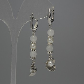 Earrings White Quartz Bead, 6 mm Diameter ± Pearl Imitation 6 mm ±, Length 56 mm ±