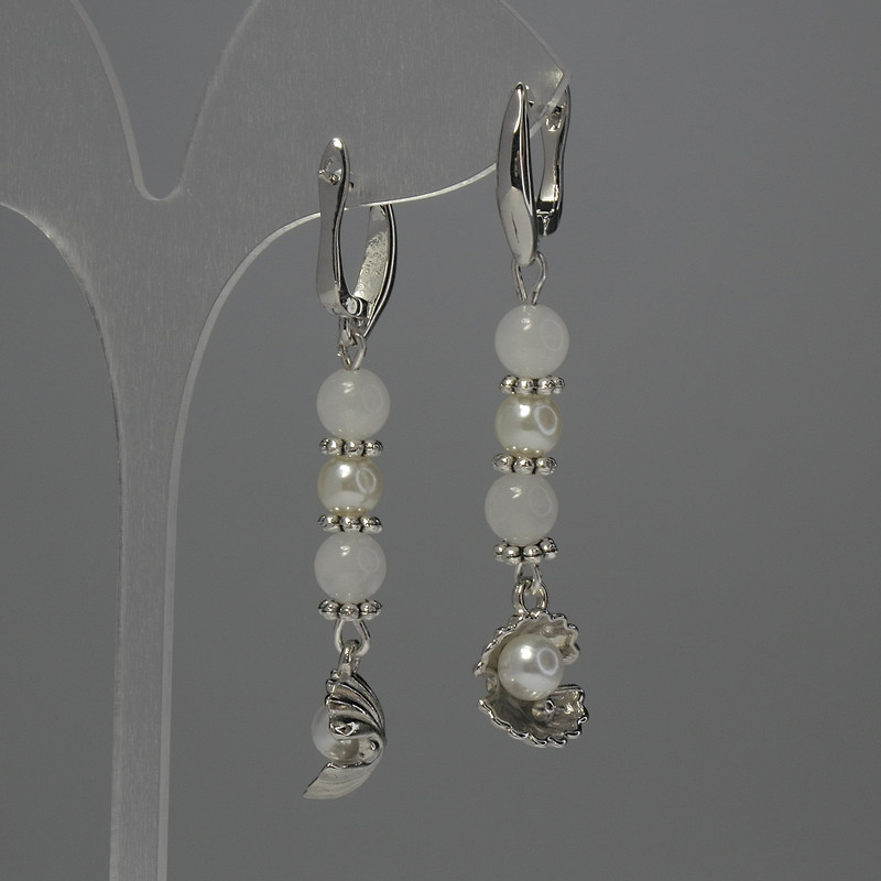Earrings White Quartz Bead, 6 mm Diameter ± Pearl Imitation 6 mm ±, Length 56 mm ±