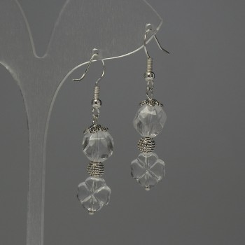Rock Crystal Earrings — Faceted, 10x8 mm diameter, Shamrock pendant 10 mm, 44 mm length