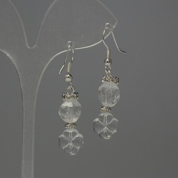 Rock Crystal Earrings with Faceted Stones, diameter 10x8 mm, Clover Charm 10 mm, length 44 mm.
