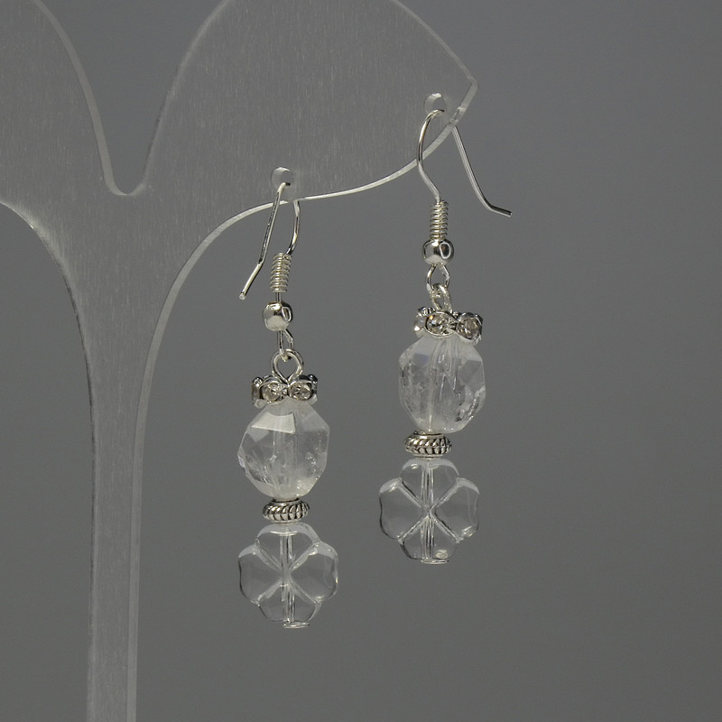 Rock Crystal Earrings with Faceted Stones, diameter 10x8 mm, Clover Charm 10 mm, length 44 mm.