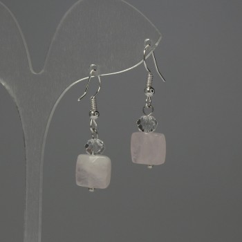Earrings Rose Quartz Rectangle 10×10 mm ±, Czech Crystal Faceted Rondelle 6×5 mm ±, Length 33 mm ±