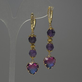 Amethyst Earrings with Faceted Ball, 8 mm diameter +-, crystal in bezel 12 mm +-, length 60 mm+-