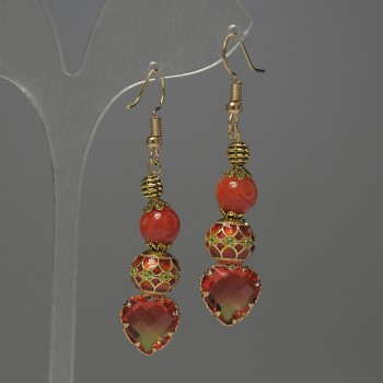 Coral Earrings (Imitation) Ball, 8 mm diameter ± Cloisonné 10 mm ± crystal in bezel 13 mm ±, length 56 mm ±