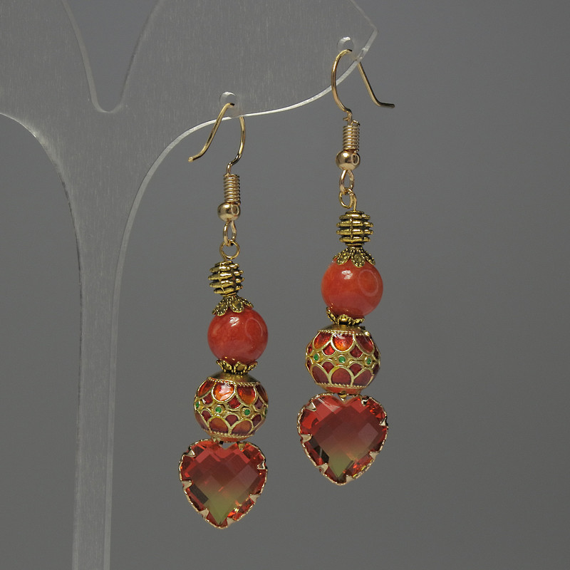 Coral Earrings (Imitation) Ball, 8 mm diameter ± Cloisonné 10 mm ± crystal in bezel 13 mm ±, length 56 mm ±