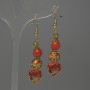 Coral Earrings (Imitation) Ball, 8 mm diameter ± Cloisonné 10 mm ± crystal in bezel 13 mm ±, length 56 mm ±