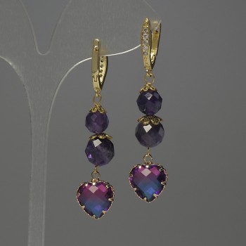 Amethyst Earrings with Faceted Bead, diameter 8–9 mm, crystal in bezel 12 mm, length approximately 56 mm