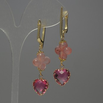 Chalcedony Clover Earrings, 13 mm diameter ±, pink crystal in a 13 mm setting ±, length 53 mm ±