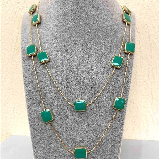 Cascade Necklace, two-row square-bead, length 80 cm, yellow metal