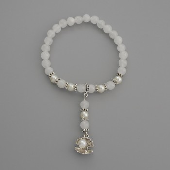 Bracelet with White Quartz, Smooth Beads, 6 mm Diameter ± with Metal Inlays, 18 mm Length ± Stretch