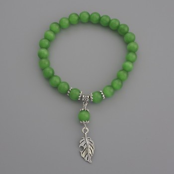 Cat's Eye Bracelet, Green, Smooth Beads, 7 mm Diameter, 18 mm Length, Elastic