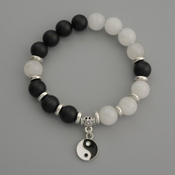 Assorted Smooth Bead Bracelet, 10 mm diameter ±, with metal inlays, 18 cm stretch