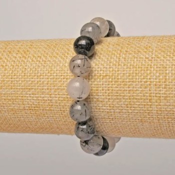 Hair-like Rutile Quartz Bracelet, Natural Stone, Smooth Bead, 12 mm Diameter, 18 cm Length (Stretch)