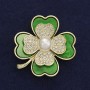 Shamrock Brooch with White Crystals and Pearl, Golden Metal, 38x45 mm, Magnetic