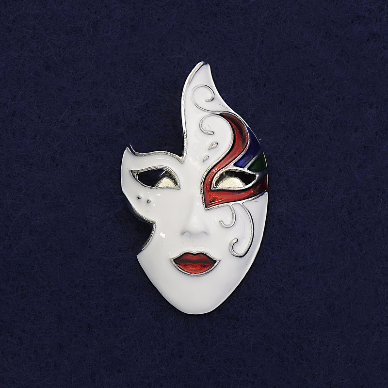 Mask Brooch - white, black, red enamel, silver-tone metal, 40×23 mm, magnetic