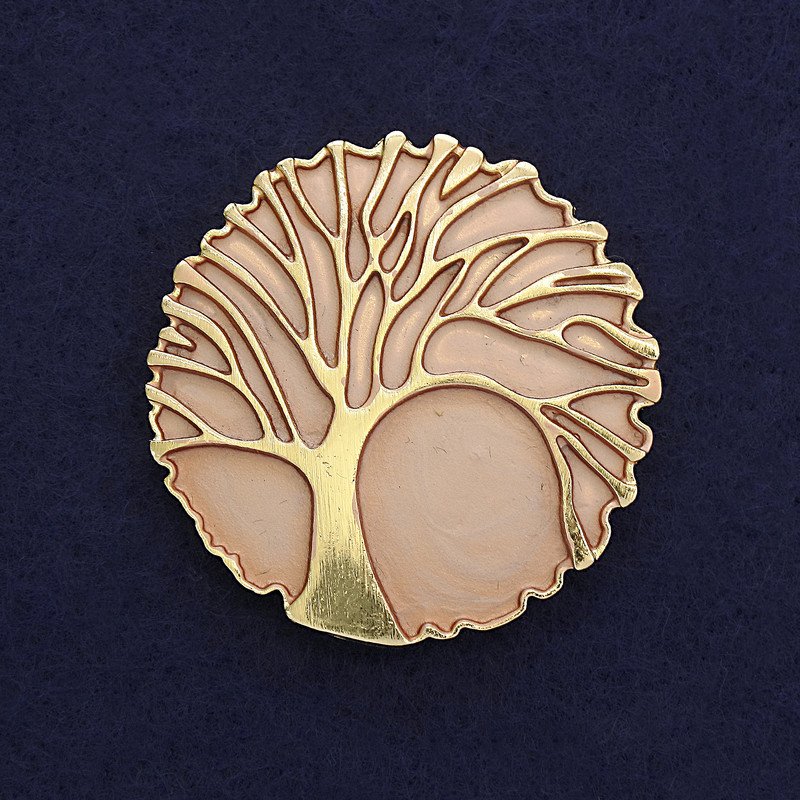 Tree Brooch - Pink Matte with Gold-Tone Metal, Diameter 40mm ±, Magnetic Back