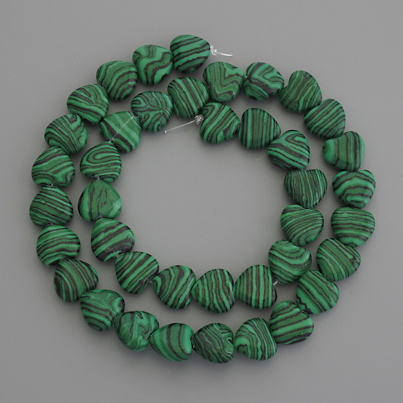 Malachite Heart Beads, 10x10 mm diameter, on thread, length 37 cm+