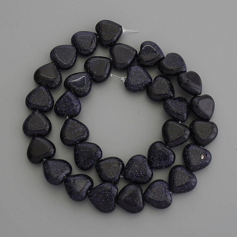 Heart-shaped beads of blue sand aventurine, synthetic stone, 12x12 mm +/- on thread, 36 cm long