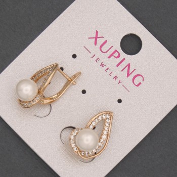 Xuping Earrings with White Crystals and Mallorca Bead, 7 mm Diameter ±, 18 mm Length ±, 18K Gold Plating