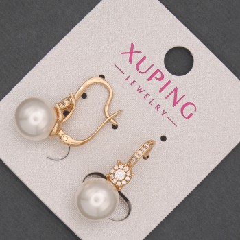 Earrings Xuping with white crystals and Mallorca bead, diameter 10mm, length 24mm, 18K Gold Plating