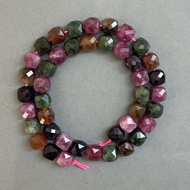 Tourmaline Beads Faceted Cube 9x9mm ± on Thread, Length 37 cm ±