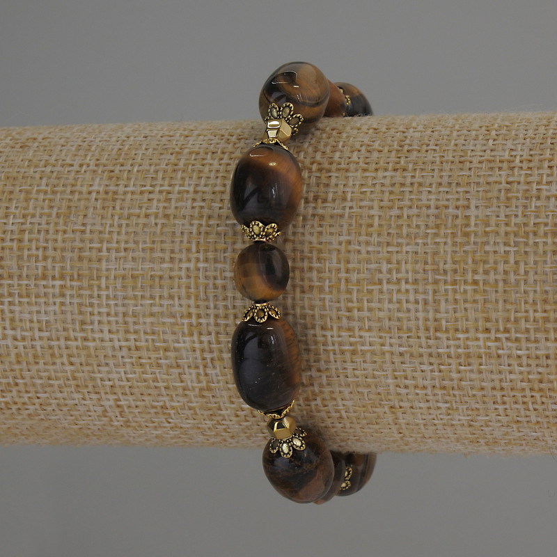Tiger's Eye Barrel Bracelet, 14×10 mm beads and 8 mm faceted coins, with metal inlays, length 18 mm ± stretch