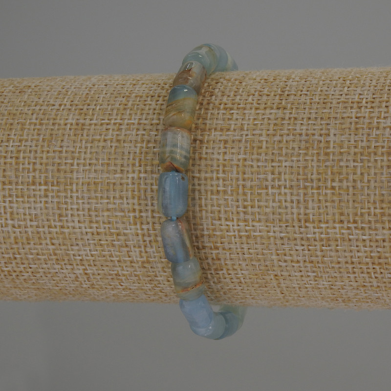 Blue Calcite Bracelet, Cylindrical Beads, Diameter 9x6 mm, Length 18 mm, Stretch
