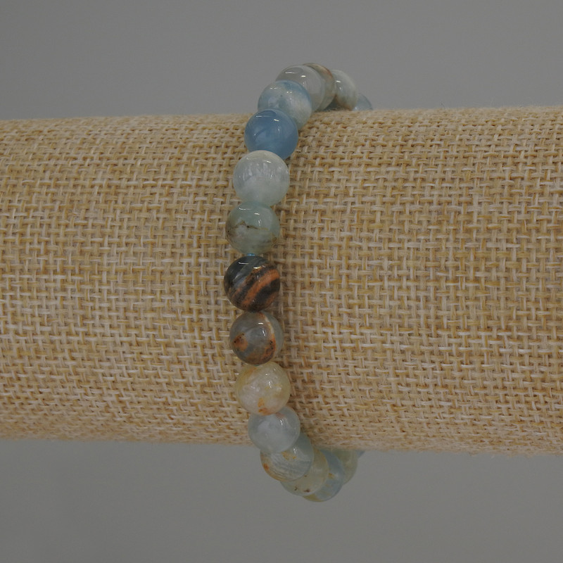 Blue Calcite Bracelet with Smooth Beads, 8 mm Diameter, about 18 mm Length - Stretch