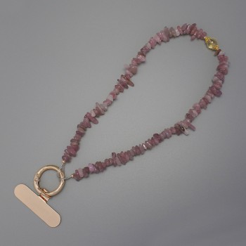 Phone chain keyring with strawberry quartz chip 7-15×2-4 mm, ring diameter 24 mm, length 24 cm