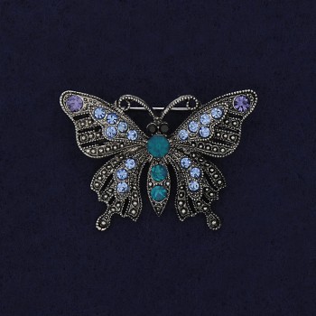 Butterfly Brooch with Crystals, Silvery Metal 41x30mm +