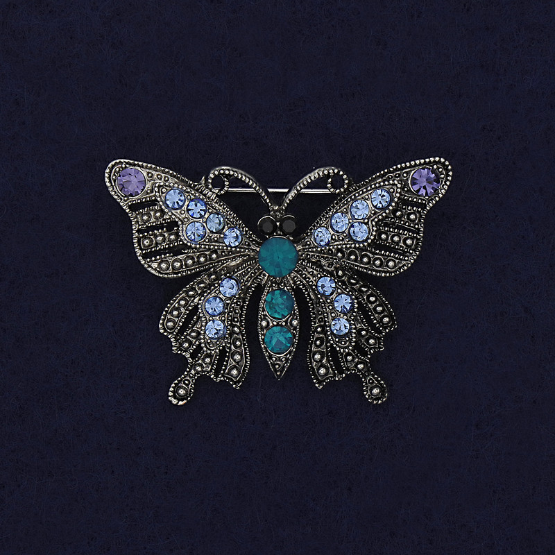 Butterfly Brooch with Crystals, Silvery Metal 41x30mm +